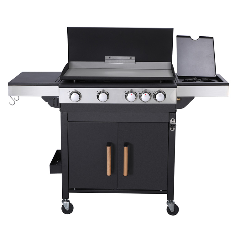 4 Burner Gáis Inaistrithe BBQ Grill Plancha le Dóire Taobh agus Tralaí